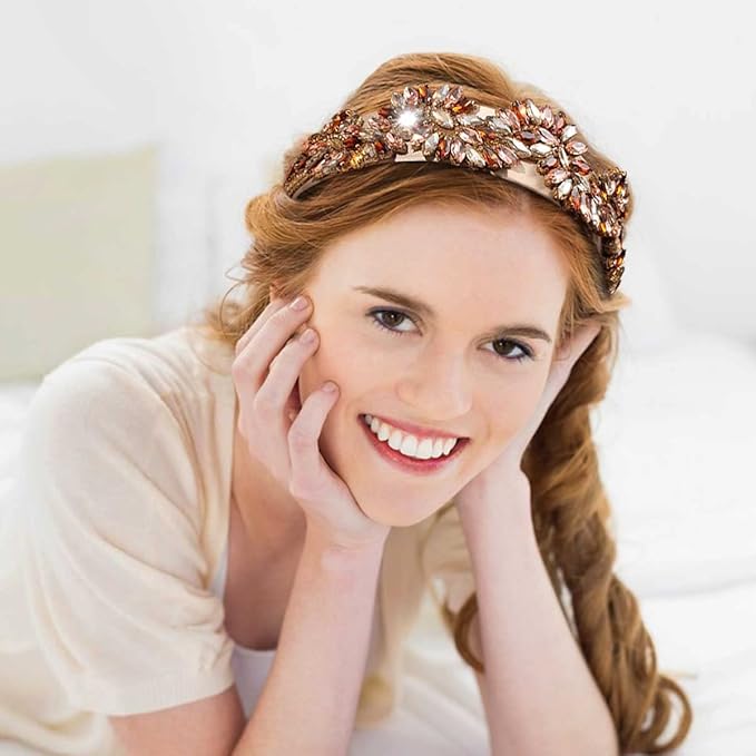 Rhinestone Headband for Women, Baroque Crystal Jeweled Decorative Headband for Girls (Champagne Gold)
