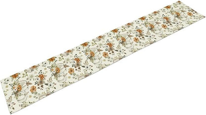 Fall Pumpkin Table Runner Rustic Floral Watercolor Plants White Vegetables Flowers Pastoral Theme Home Decor for Farmhouse Indoor Outdoor Party Holiday Dining Kitchen Restaurant Cafe W13xL120in