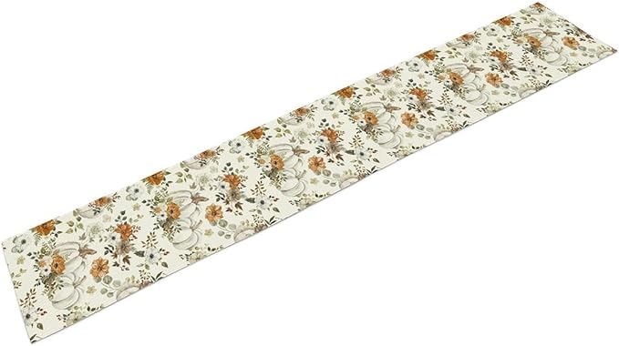 Fall Pumpkin Table Runner Rustic Floral Watercolor Plants White Vegetables Flowers Pastoral Theme Home Decor for Farmhouse Indoor Outdoor Party Holiday Dining Kitchen Restaurant Cafe W13xL72in