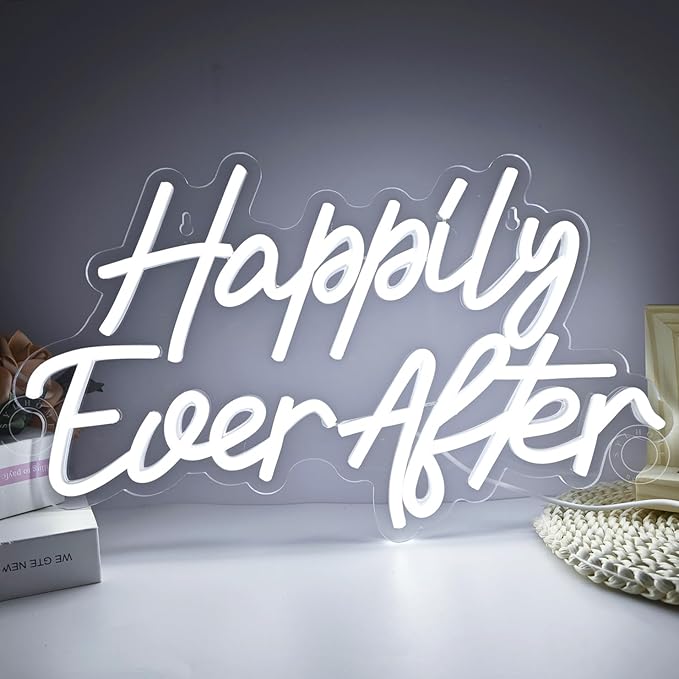 SYLHOME Happily Ever After LED Neon Light Sign Wedding Party Birthday Neon Art Wall Sign Decor USB Bedroom Home Bar Pub Decor Night Light 5V Cold White 15.8"X9.2"