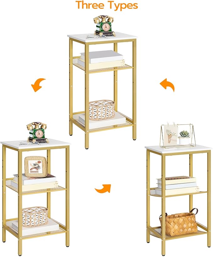 HOOBRO Tall Side Table, 3-Tier Telephone End Table with Adjustable Mesh Shelves, Small Entryway Table with Storage, Small Nightstand for Living Room, Bedroom, Hallway, White and Gold DW01DH01G1