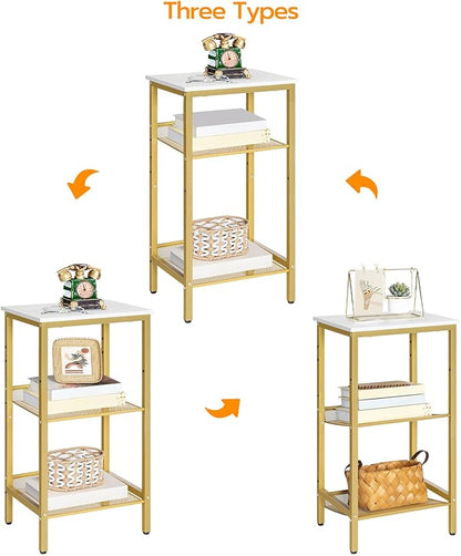 HOOBRO Tall Side Table, 3-Tier Telephone End Table with Adjustable Mesh Shelves, Small Entryway Table with Storage, Small Nightstand for Living Room, Bedroom, Hallway, White and Gold DW01DH01G1