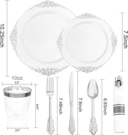 Hioasis 210pcs White and Silver Plastic Plates - Disposable Dinnerware Set Suitable for 30 Guests Include 10.25 Dinner & 7.5 Dessert Plates, Pre Rolled Silverware Set, Cups for Party & Wedding