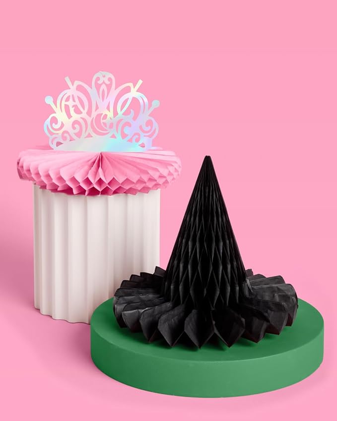 xo, Fetti Witch Party Hanging Decor - Set of 4 | Pink Tiara + Black Hat | Iridescent Centerpieces, Magical Birthday Decorations, 3D Tabletop Setting