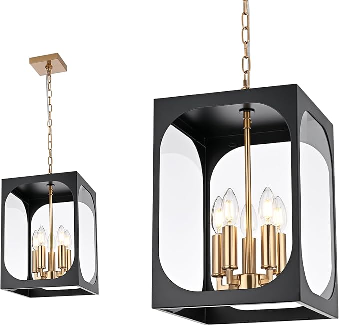 BONLICHT Large Outdoor Pendant Light Fixture 5 Light Modern Black Brass Outdoor Chandelier Porch Light with Clear Glass Exterior Pendant Lamp Ceiling Mount Hanging Lantern for Hallway Entrance Outside