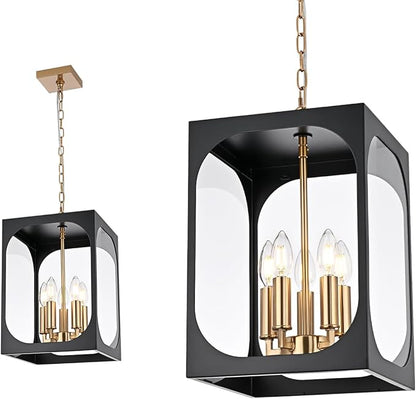 BONLICHT Large Outdoor Pendant Light Fixture 5 Light Modern Black Brass Outdoor Chandelier Porch Light with Clear Glass Exterior Pendant Lamp Ceiling Mount Hanging Lantern for Hallway Entrance Outside
