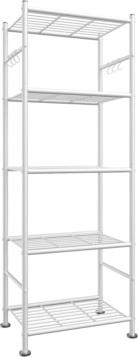Storage Shelves - 5-Tier Large Capacity Shelf Organizer with Hooks, Heavy-Duty Garage Shelving with Leveling Feet, Wobble-Free Rack for Bedroom, Balcony, Garage, 18.1"×12.4"×56.8", White
