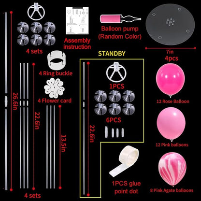 TONIFUL 4 Balloons Stand Kit Pink Marble Centerpieces Table Decoration for Girl Sweet 16th Birthday Decorations Bridal Shower,Baby Shower,15th Quinceanera Table Party Decorations
