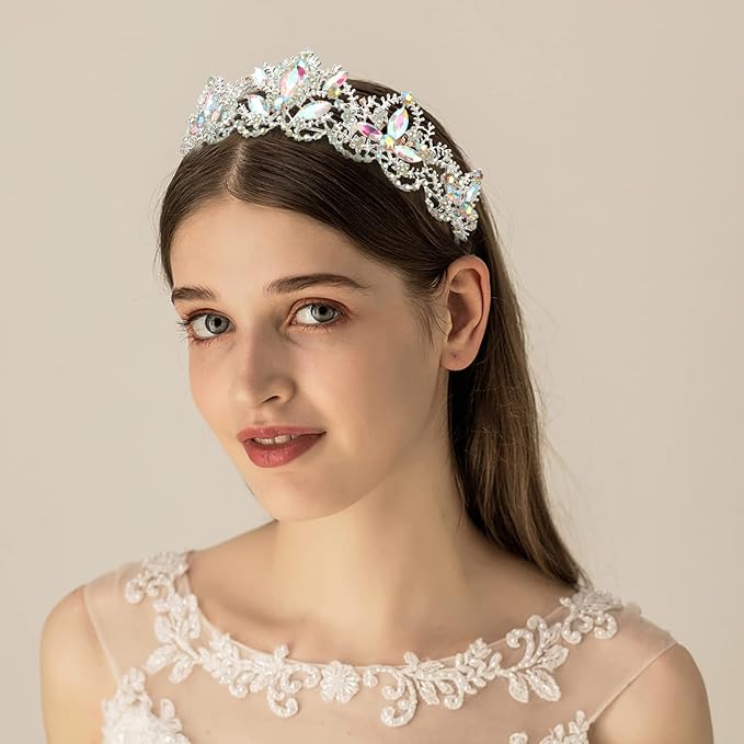 Silver Tiaras for Women Crystal Crowns for Girls Aurora Borealis Wedding Bridal Princess Prom Party Queen Hair Accessories for Birthday Halloween Bride Bridesmaids Photography Quinceanera
