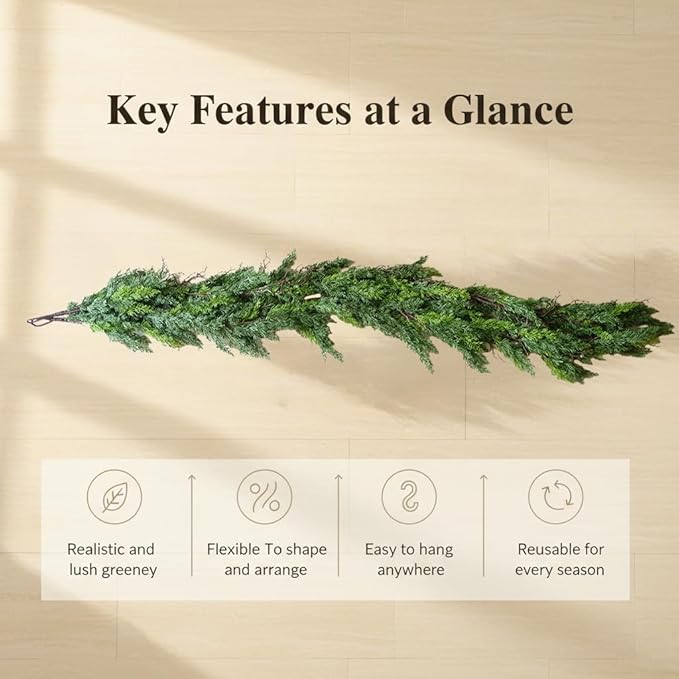9ft Christmas Real Touch Garlands with Withered Branches,Suitable for Gifting,Artificial Cedar Pine Garland for Christmas Decorations Home Indoor Stairs Table Fireplace Outdoor Holiday