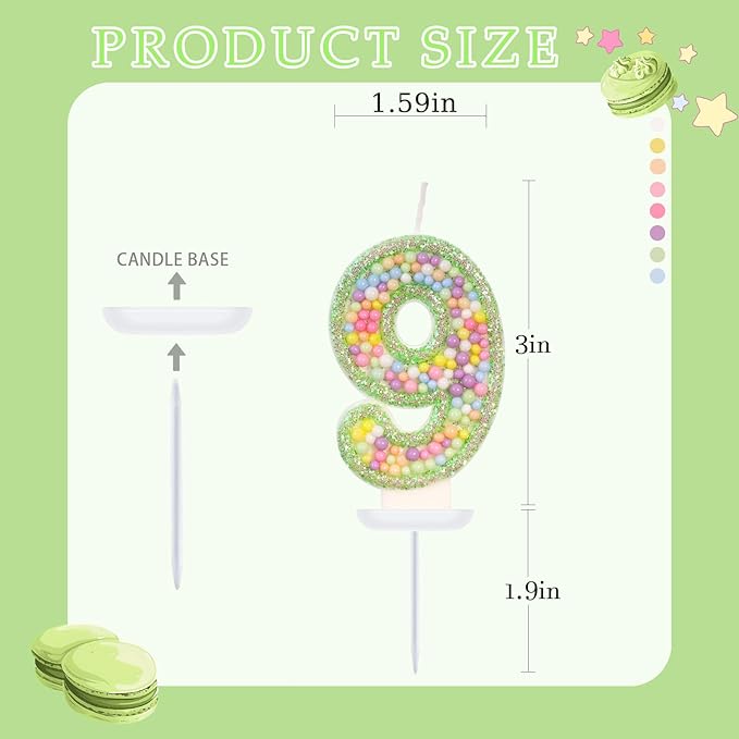Birthday Candles - Number 9 Candle, Colorful Macaron Candles for Boys/Girls, Green Cake Decorations, Dinosaur Themed Party Supplies