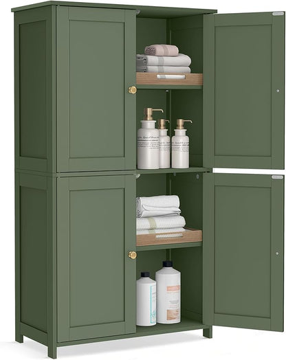 VASAGLE Floor Storage Cabinet, Shaker Cabinet with 2 Adjustable Shelves, 4 Doors, Tall Freestanding Organizer Unit, for Kitchen Bathroom Living Room, Forest Green UBBC553CH01S
