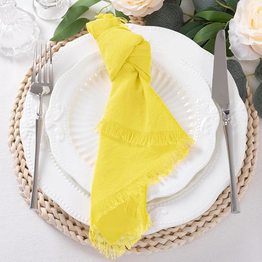 12 Pack Lemon Yellow Cotton Linen Napkins with Fringe Christmas Cloth Napkins Set of 12 Boho Handmade Holiday Napkins Bulk for Wedding Baby Shower Xmas Dinner Table Parties, 17 x 17 Inches