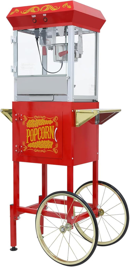 Vintage Commercial Popcorn Machine with Cart - 8oz Kettle for 32 Cups/Batch, with Warming Lamp, Glass View Door and Wheels for Home Theater and Parties (Red)