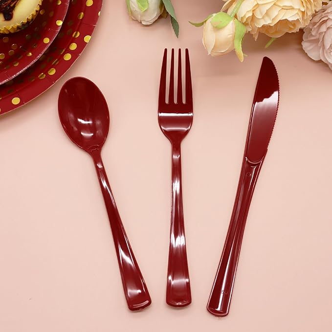 150 Pack Burgundy Plastic Cutlery, Maroon Plastic Silverware Heavy Duty, Burgund Silverware Set Disposable, 50 Forks 50 Spoons 50 Knives for Birthday Graduation Party Decor