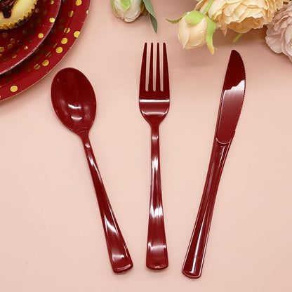 150 Pack Burgundy Plastic Cutlery, Maroon Plastic Silverware Heavy Duty, Burgund Silverware Set Disposable, 50 Forks 50 Spoons 50 Knives for Birthday Graduation Party Decor