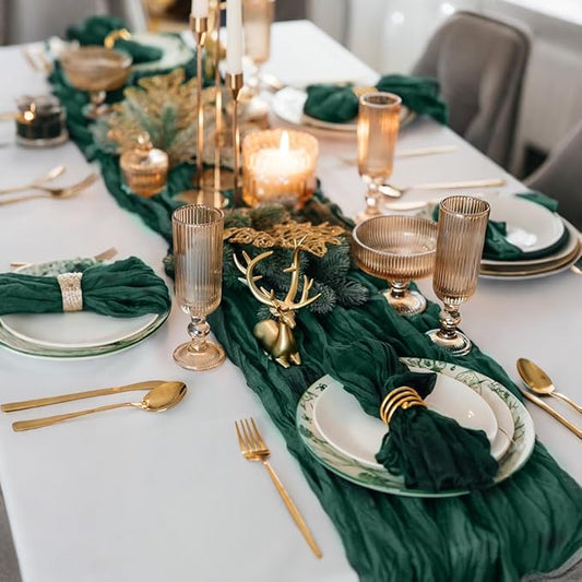 10 Pack Emerald Green Cheesecloth Christmas Table Runner 35 x 120 inch Long Boho Cheese Cloth Gauze Table Runners for Wedding Bridal Shower Birthday Party Christmas Decorations