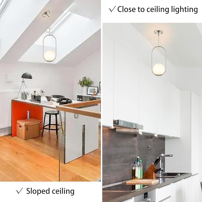Modern Globe Pendant Light Brushed Nickel Chandelier 1-Light Mid Century Ceiling Hanging Lighting Fixture White Globe Glass Shades for Kitchen Island Dining Room Bedroom