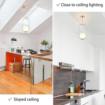 Modern Globe Pendant Light Brushed Nickel Chandelier 1-Light Mid Century Ceiling Hanging Lighting Fixture White Globe Glass Shades for Kitchen Island Dining Room Bedroom