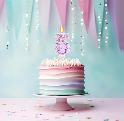 Birthday Candle for Cake, 5 Candle - Purple Glitter with Bowknot, 2.76 inch Cake Topper Decoration for 5 Years Old Birthday Party (Number 5)