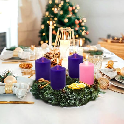 Set of 4 2x3 Inch Advent Pillar Candles, Dripless Unscented Purple and Pink Candles for Christmas Advent Holiday Season - 24 Hours Burn Time