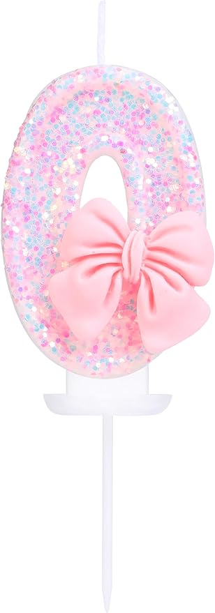 0 Birthday Candles Pink 3D Number 0 Candle Cake Topper with Pink Sequins and Bowtie for Girls Pastel Sweet Theme Birthday Party or Adults Milestone Age Decoration