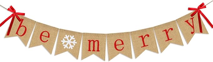 Be Merry Burlap Banner | Christmas Banner with Snowflake Sign | Christmas Decoration | Rustic Christmas Decor for Mantle Fireplace Xmas Party Holiday Supplies Decoration | Outdoor Indoor Hanging Decor