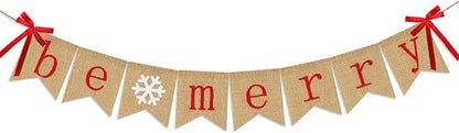Be Merry Burlap Banner | Christmas Banner with Snowflake Sign | Christmas Decoration | Rustic Christmas Decor for Mantle Fireplace Xmas Party Holiday Supplies Decoration | Outdoor Indoor Hanging Decor