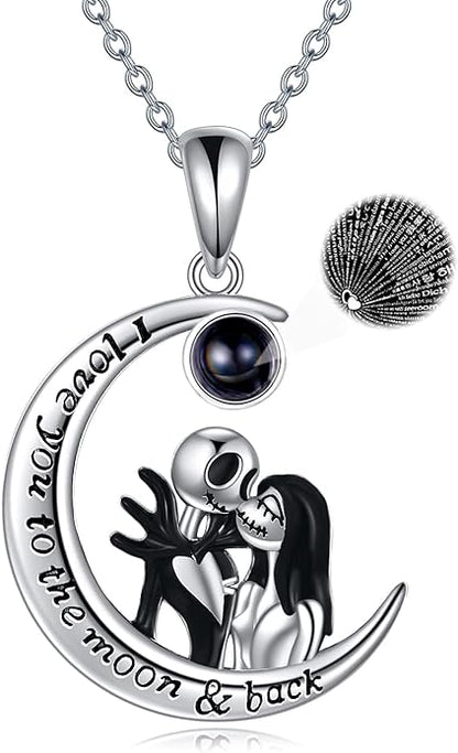 LILALO Christmas Gifts Nightmare Necklace Sterling Silver Abalone Shell Crystal Jack and Sally Necklace Jack Skellington Skull Jewelry Skull Necklaces for Women
