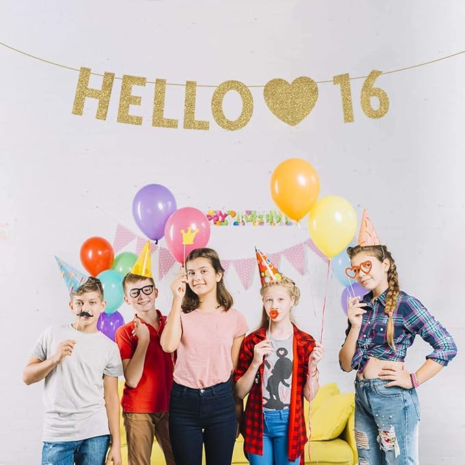 Gold Hello 16 Birthday Banner, Gold Glitter Happy 16th Birthday Party Decorations, Supplies