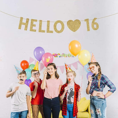 Gold Hello 16 Birthday Banner, Gold Glitter Happy 16th Birthday Party Decorations, Supplies