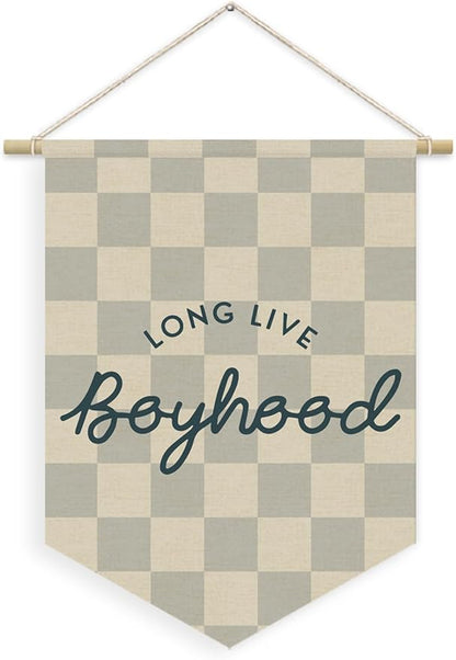 Boys Room Decor, Long Live Boyhood Boy Nursery Linen Canvas Banner, Grey Checkered Wall Hanging Pennant Flag Banner for Boys Nursery Kids Toddler Room Bedroom Playroom Decor, 15x11in