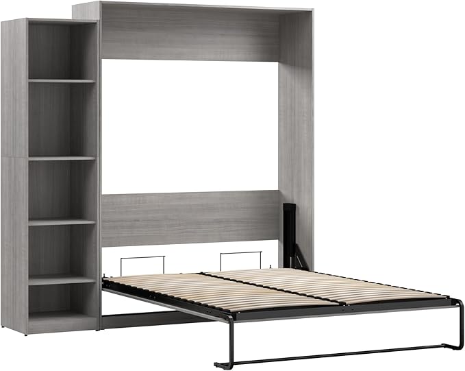 Bestar Claremont Queen Murphy Bed with Closet Organizer (85W) in Platinum Gray, Space-Saving Sleeping Arrangement for Multipurpose Room