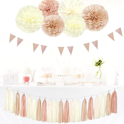 Champagne-Gold Beige Boho Baby-Shower Party-Decorations - 23pcs Fall Rustic Neutral Bridal Wedding Paper Tissue Pom Poms Streamers,Retro Tassel Garland,Girl Birthday Banner Decor Lasting Surprise
