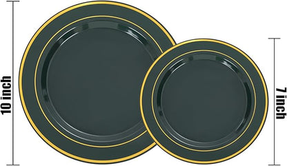NOCCUR 200PCS Green Plastic Plates for 100 Guests - Include 100PCS 10" Dinner/ 100PCS 7" Dessert Disposable Plates Heavy Duty - Ideal for Party/Wedding/Christmas