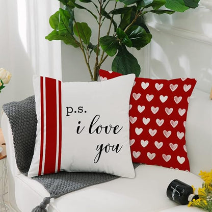 GEEORY Valentine's Day Pillow Covers 18 x 18 Inch Set of 4 - Red Black Stripes Love Heart I Love You Throw Pillows Decorative Cushion Cases for Valentine Decor