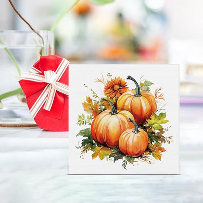 Fall Decor Farmhouse Pumpkins Wooden Box Sign Fall Harvest Decorations Rustic Home Desk Shelf Tabletop Decor 5 x 5 Inches