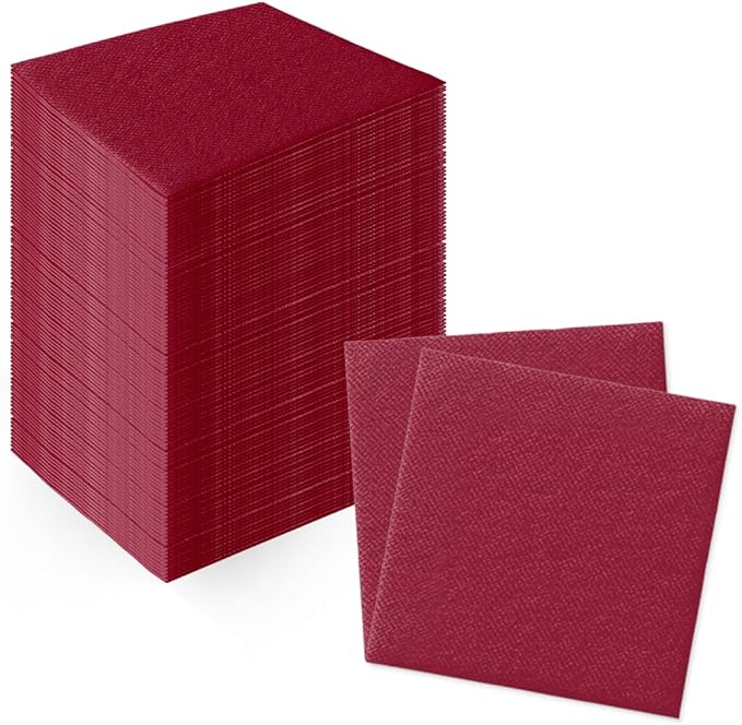PAW - 100-Pack Disposable Linen-Feel Cocktail Napkins 4" x 4", Bordeaux Premium Paper Desert Napkins for Parties, Events, Elegant Cloth-Like Beverage Napkins For Bars, Restaurants, Catereres