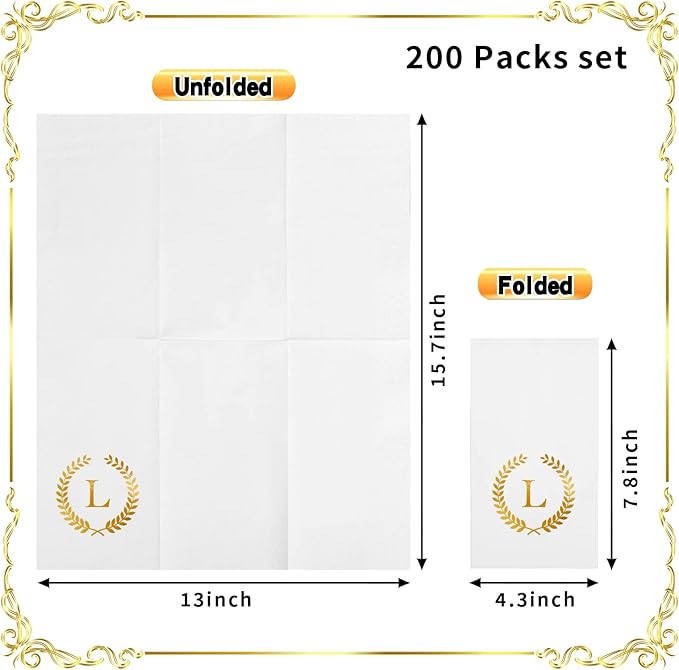 200 Pack Monogrammed Disposable Napkins Gold Foil Letter L Guest Napkins Initial Disposable Hand Paper Towels for Wedding Engagement Baby Shower Party Home Kitchen Bathroom Dinner Decorative Towels