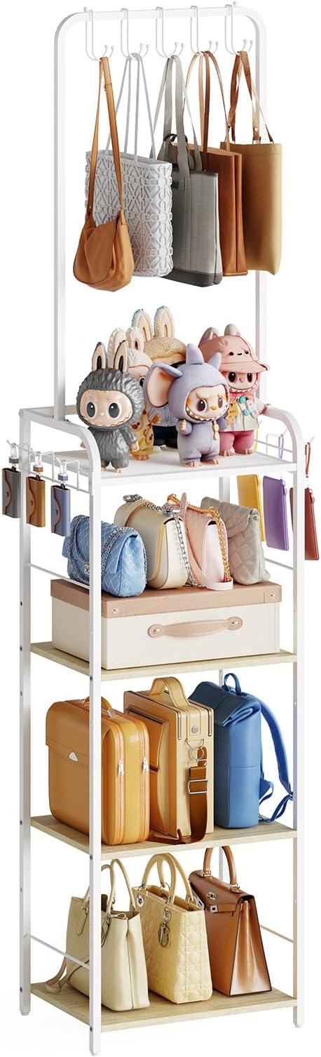 Tall Purse Organizer Stand with 3-Tier Thick Wood + 1-Tier High-Density Mesh, Adjustable Interchangeable, Slim Narrow Freestanding Handbag Rack with 5 Large & 6 Side Hooks, Closet Bag Storage White
