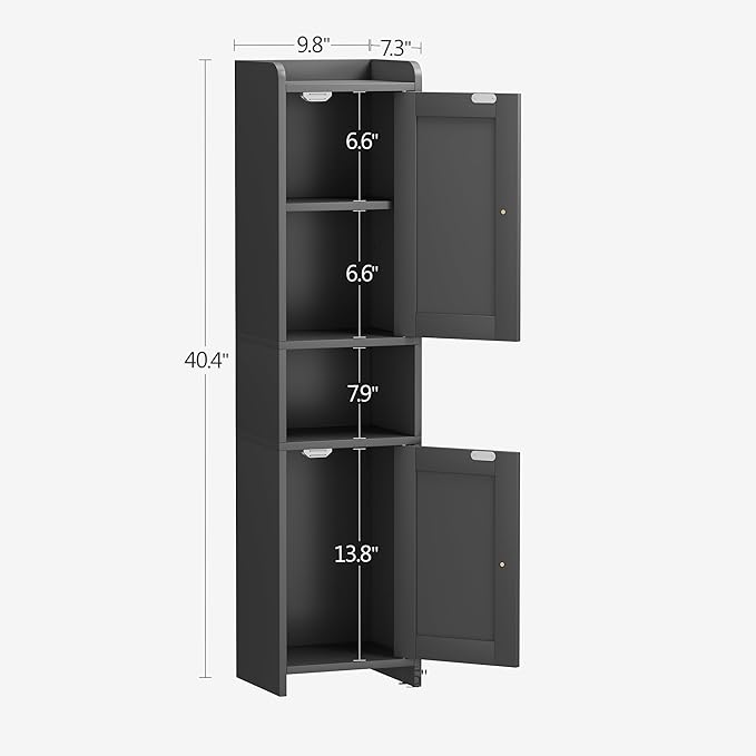 Bathroom Cabinet with 2 Doors, 7.3 x 9.8 x 40.4 Inches, Small Freestanding Storage Cabinet with Adjustable Shelf, Floor Cabinet for Small Spaces, Bathroom, Entrances, Kitchen, Black