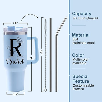 Personalized 40 Oz Tumbler with Handle and Straw, Custom Cup with Name & Birth Flower, Stainless Steel Travel Coffee Tumbler,Personalized Christmas Birthday Gifts for Women, Teen Girls