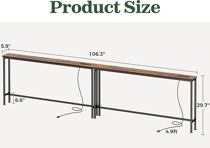 SUPERJARE 106.3 Inch Sofa Table with Power Outlets and USB-C Ports, 5.9 Inch Narrow Console Tables, Entryway Hallway Couch Tables with Storage, Behind Sofa, Small Spaces, Living Room, Rustic Brown