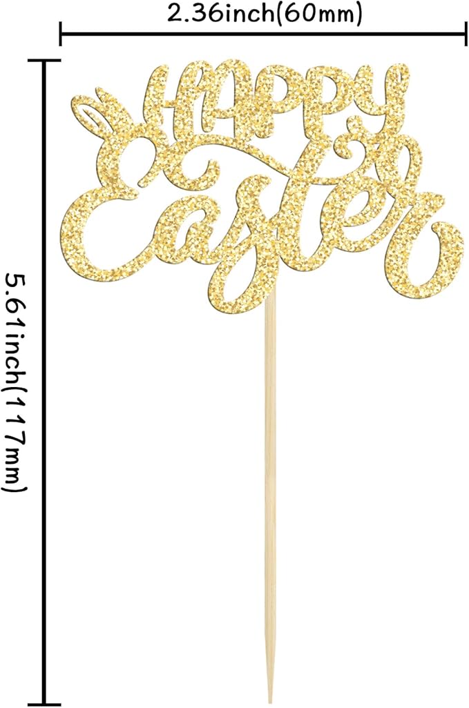 24pcs Happy Easter Cupcake Toppers - Gold Glitter Bunny Ear Cupcake Picks - Day Theme Baby Shower Kids Birthday Party Cake Decorations
