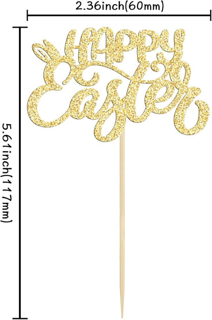 24pcs Happy Easter Cupcake Toppers - Gold Glitter Bunny Ear Cupcake Picks - Day Theme Baby Shower Kids Birthday Party Cake Decorations