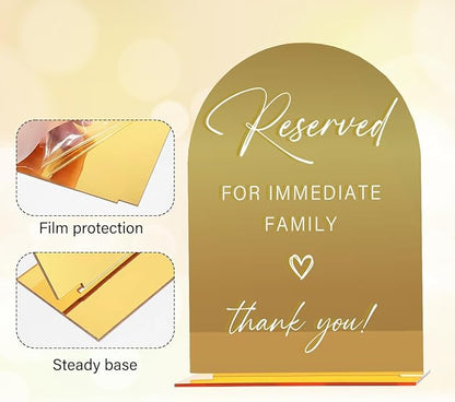 Acrylic Wedding Sign, Bridal Shower Decorations, Reserved for Immediate Family Sign for Ceremony, Modern Font Table Signs, Gold Mirror Arched Acrylic Tabletop Signs for Wedding Reception