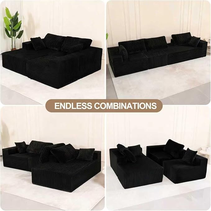 L Shaped Modular Boneless Sectional Couches for Living Room, Wide Armrest, Deep Seat, Memory Foam, Assembly Free, Modern Comfy Corduroy Fluffy Cloud Sofa with Left Chaise, Black