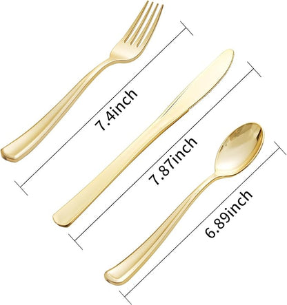 Supernal 360pcs Gold Plastic Silverware Heavy Duty Disposable Cutlery Gold flatware Sets Include 120 Forks, 120 Knives, 120 Spoons, Suitable for Party, Birthday, Wedding