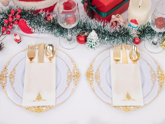 100PCS Christmas Napkins Disposable - Gold Paper Napkins with Built-in Flatware Pocket Prefolded Cloth Like - Heavy-duty Linen-Feel Dinner Napkins for Christmas & Party