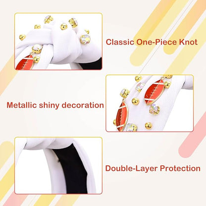 Football Headband for Women, Rhinestone Wide Jeweled Fashion Knotted Hairband for Game Day, Football Costume Sports Hair Accessories for Football Mom Cheer Fans Party Gift - White